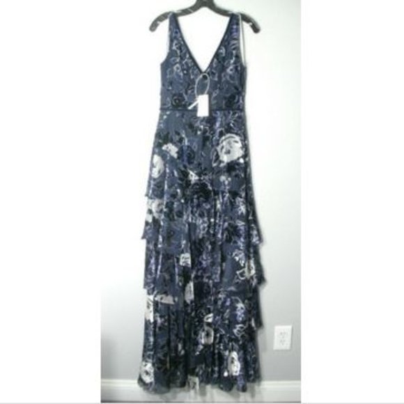 NWT Marchesa Notte Blue Floral Sleeveless Tiered Burnout Gown Dress 2 - Picture 8 of 12
